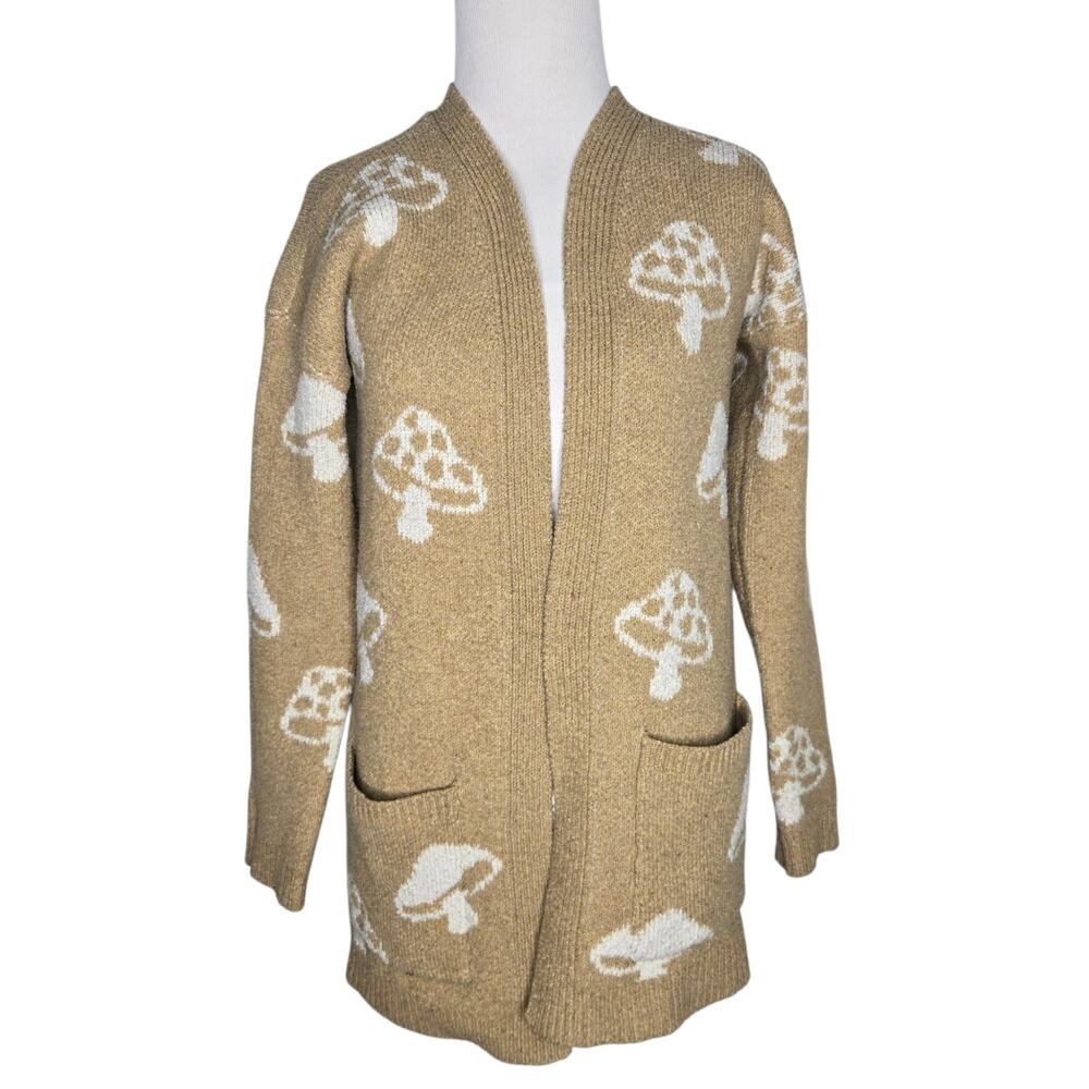 Whimsical Mushroom Sweater Women Longline Goblin Forest Earthy Tan Juniors XS